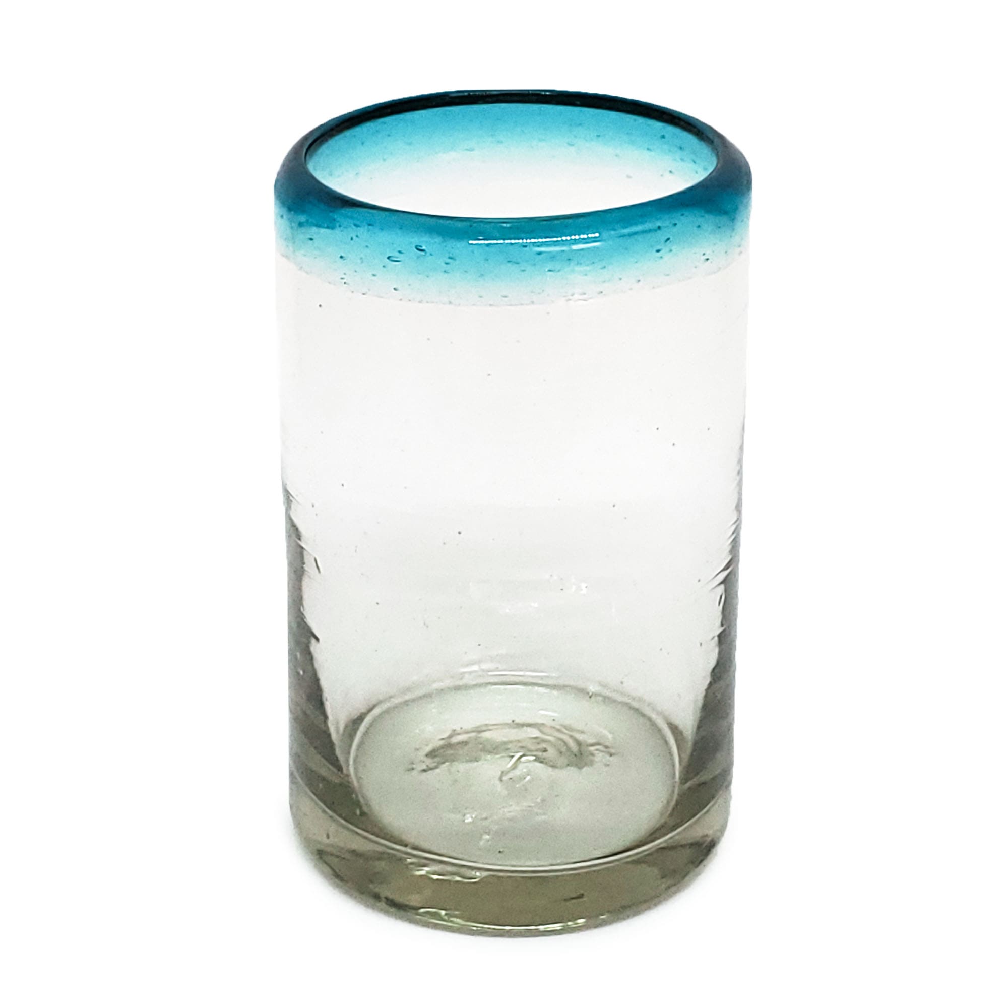 VIDRIO SOPLADO / Juego de 6 vasos para jugo con borde azul aqua
